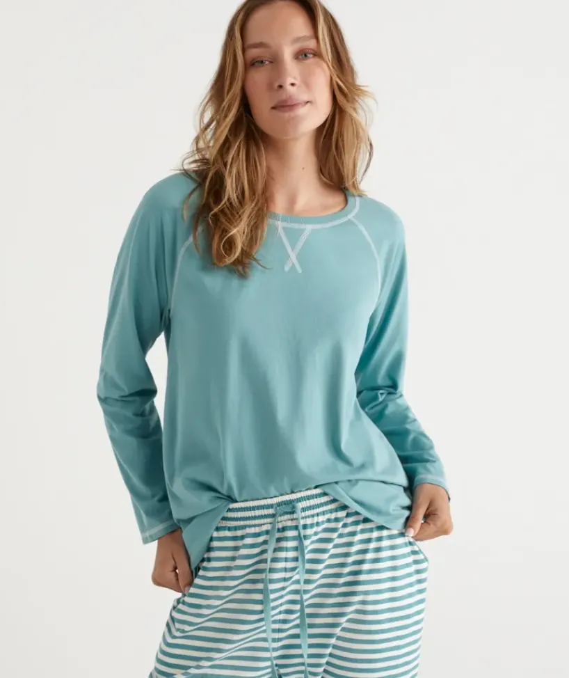 Australian Cotton Contrast Trim Pyjama Long Sleeve Top<Sussan