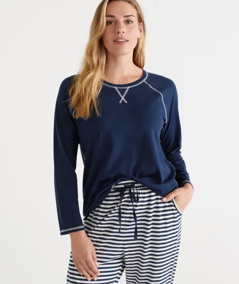 Australian Cotton Contrast Trim Pyjama Long Sleeve Top<Sussan Best