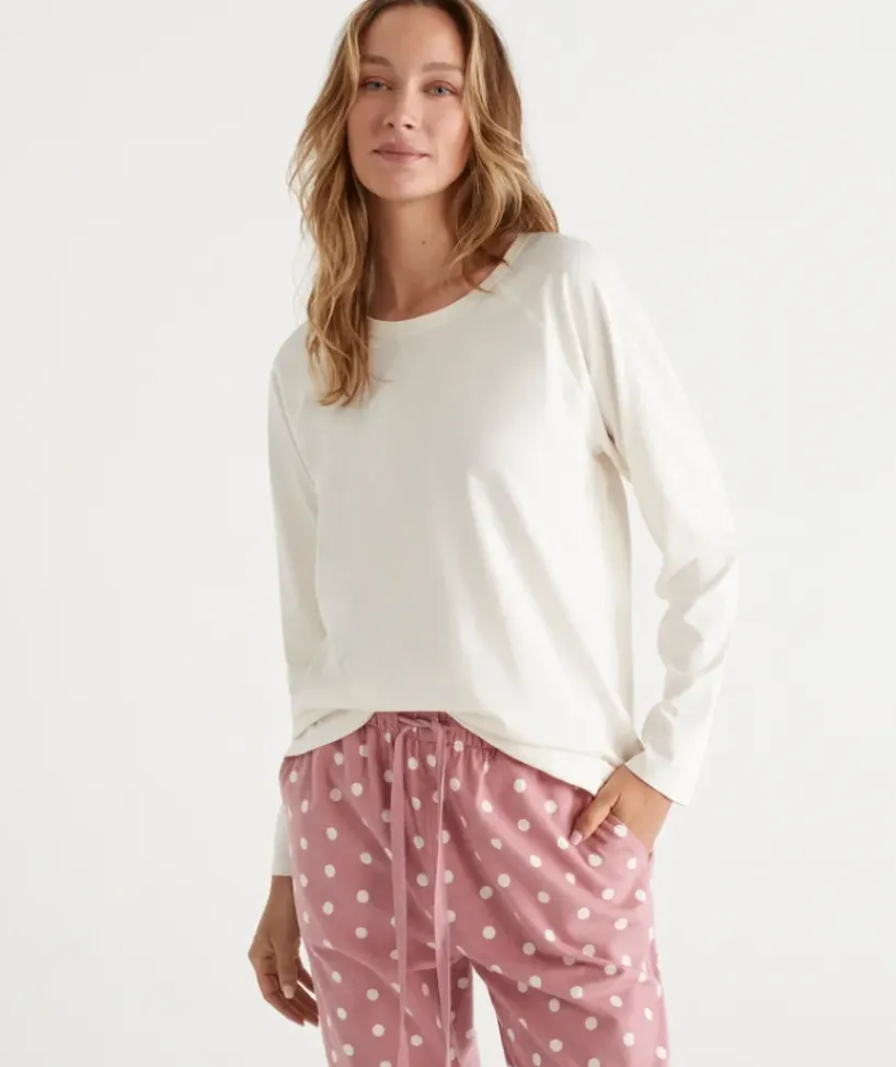 Australian Cotton Contrast Trim Pyjama Long Sleeve Top<Sussan Best