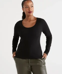 Australian Cotton Long Sleeve Rib Scoop Top<Sussan Online