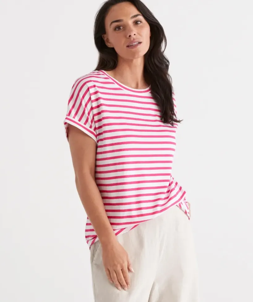 Australian Cotton Stripe Extended Roll Cuff Tee<Sussan Online