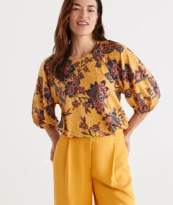 Print Raglan Puff Sleeve Top<Sussan