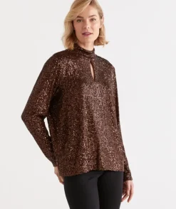 Sequin Keyhole Long Sleeve Top<Sussan Outlet