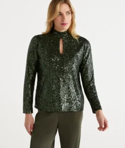 Sequin Keyhole Long Sleeve Top<Sussan Clearance