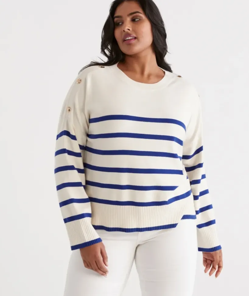 Stripe Button Shoulder Pullover<Sussan Outlet