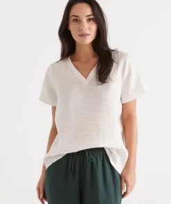 Stripe Linen V-Neck Lounge Top<Sussan Online