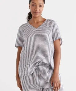 Stripe Linen V-Neck Lounge Top<Sussan Online