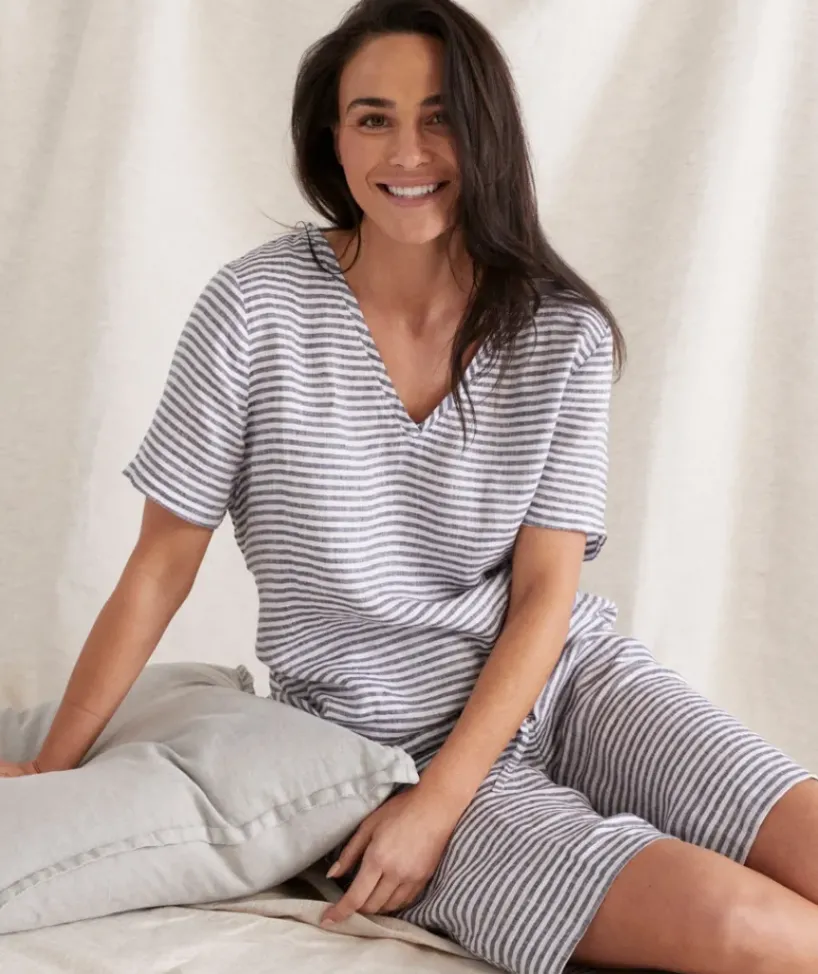 Stripe Linen V-Neck Lounge Top<Sussan Outlet